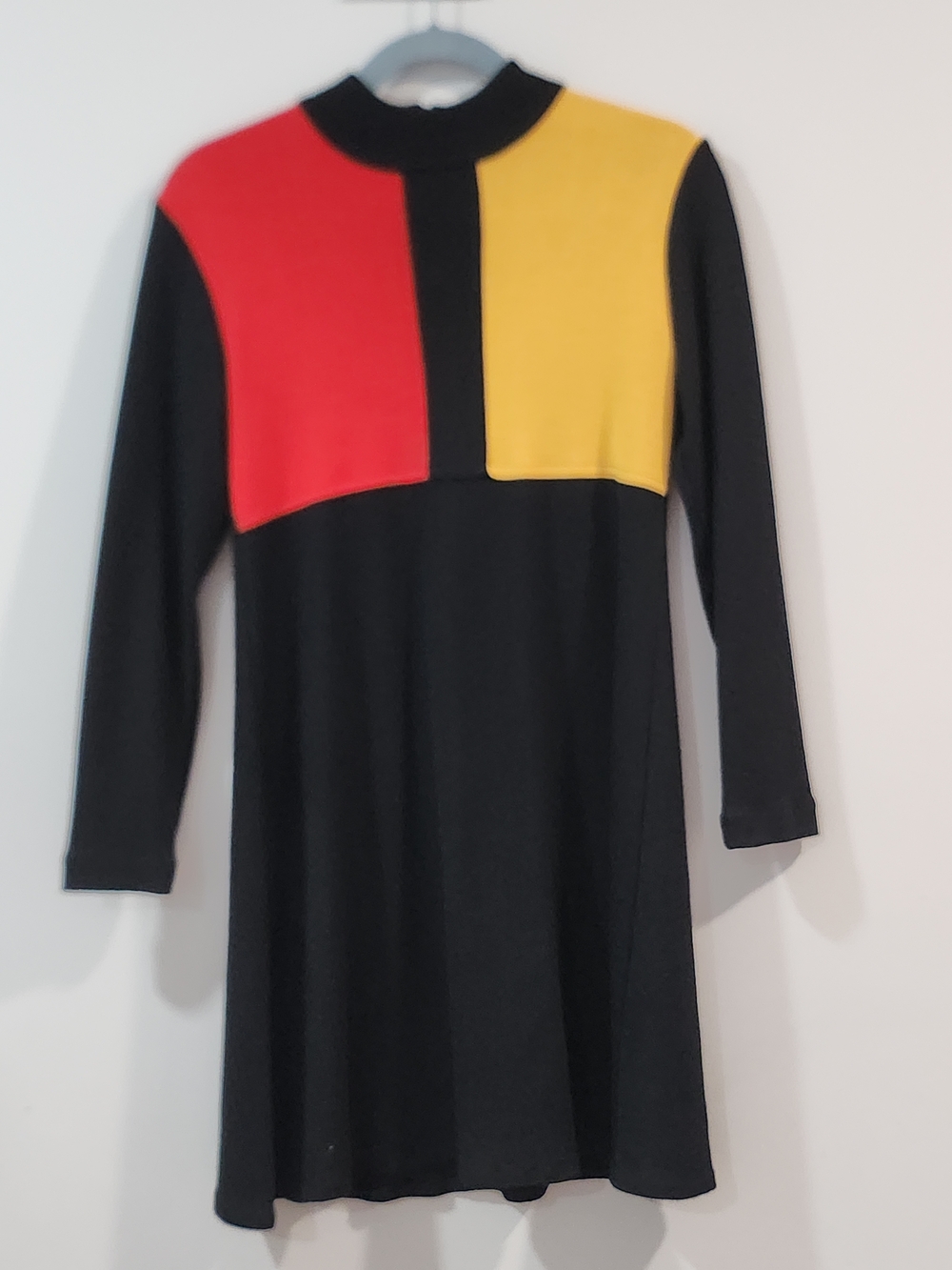 karin stevens Black Dress with Red and Yellow Colorblock Yoke